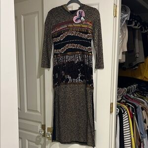 Custo Barcelona Black and Brown Long Sleeve Dress with hood.  Slits on the sides